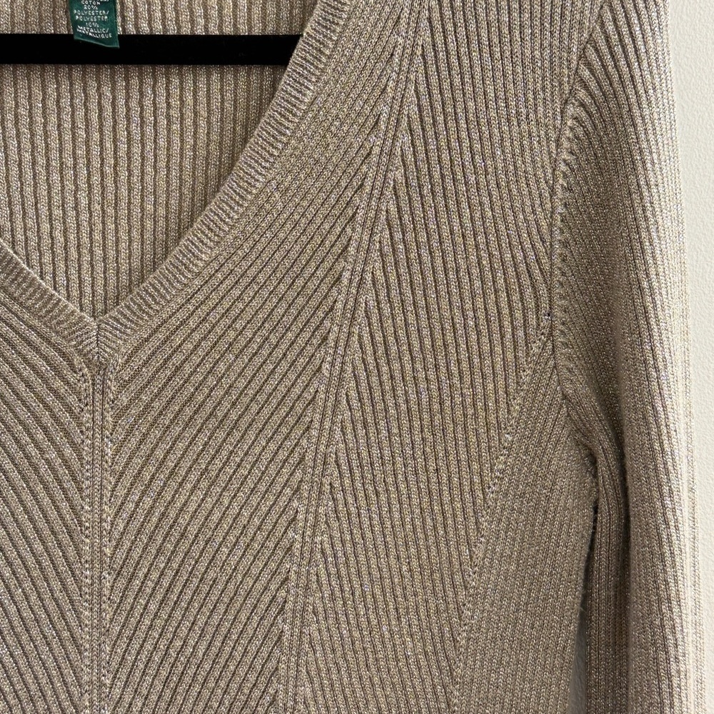 Lauren Ralph Lauren Gold Metallic V-Neck Sweater XL Shimmer Ribbed Knit - Picture 11 of 11